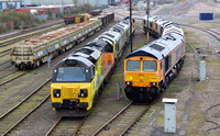 GBRF 66749 with 66705, 66752 and 66716 next to Colas Railfreight 70801, Freightliner 66507, 66539 and Colas Railfreight 70804